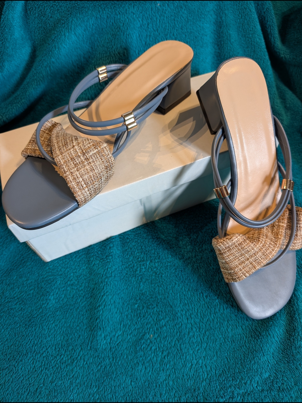 Blue Strappy Block Heel Sandals with Woven Accent